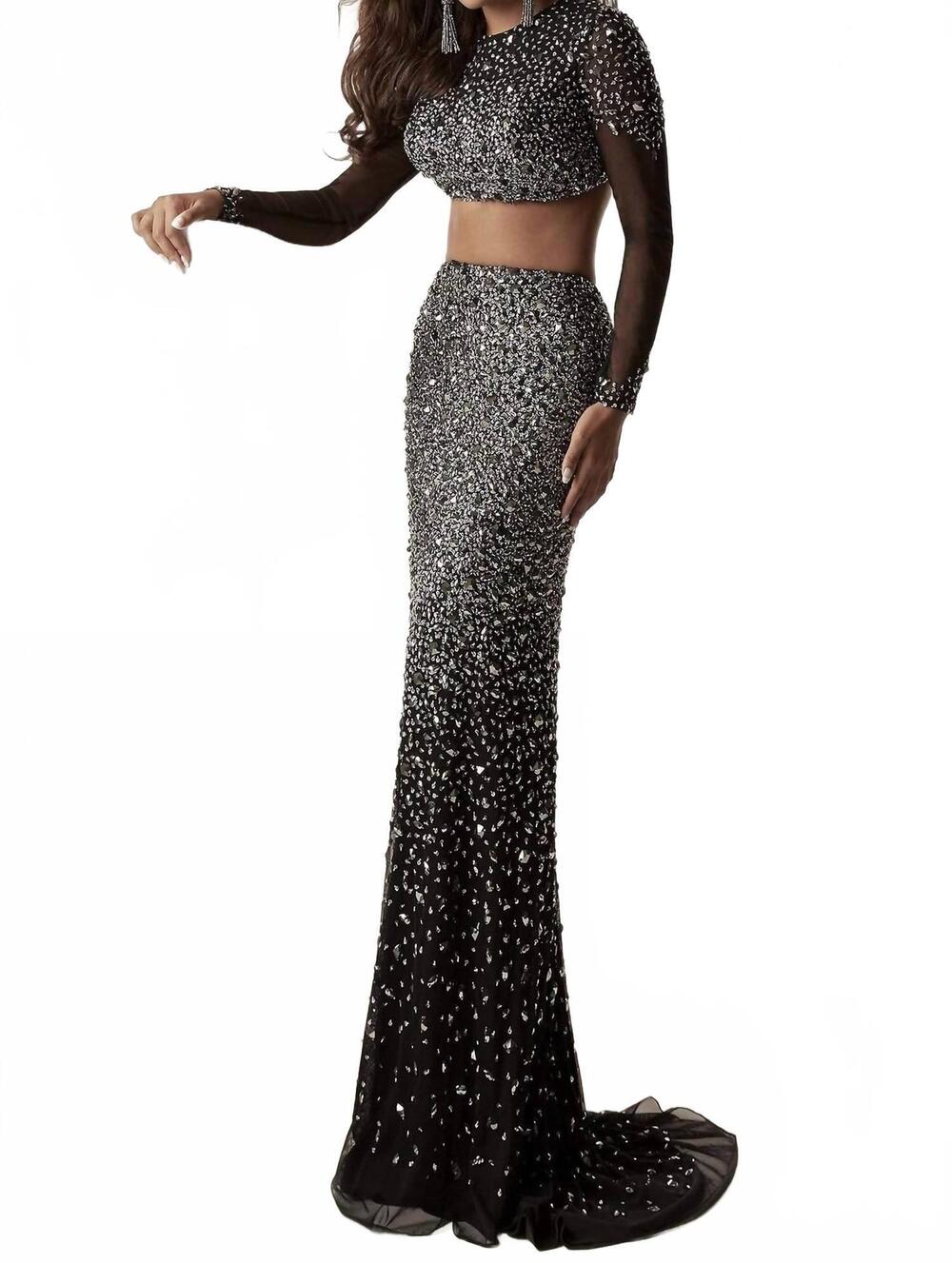 NEW JASZ COUTURE long sleeve ornate two-piece sheath gown in black/silver